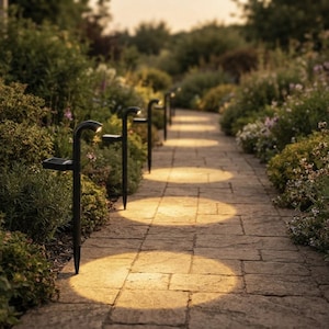 Può includere: Una serie di lampioni solari neri installati lungo un vialetto in pietra. Ogni lampada presenta una parte superiore curva con un piccolo pannello solare ed emette una luce calda e circolare sul terreno, illuminando il sentiero nel giardino.