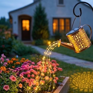 Pode incluir: Um regador decorativo com luz suspenso num gancho preto. O recipiente de cor bronze apresenta recortes intrincados que emitem um brilho quente, enquanto fios de pequenas luzes LED caem do bico como se fosse água a fluir.