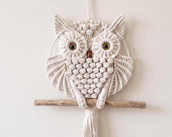 Macrame Owl Wall Hanging, Boho Cotton Owl Decor, Handmade Nursery Wall Art, Bohemian Home Decor with Brass Ring, Fiber Art Owl Gift