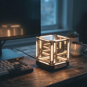 May include: A square infinity mirror lamp featuring a clear glass cube frame with integrated warm LED light strips along the edges. The base is black and includes a small metal plate with the word INFINITY engraved on the front side.