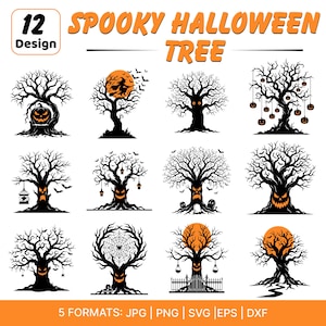 May include: A digital collection of 12 Spooky Halloween Tree designs featuring black silhouettes of gnarled trees with orange accents. The graphics include elements like jack-o'-lanterns, witches, bats, spiderwebs, and tombstones. Text reads 12 Spooky Halloween Tree and 5 Formats: JPG, PNG, SVG, EPS, DXF.