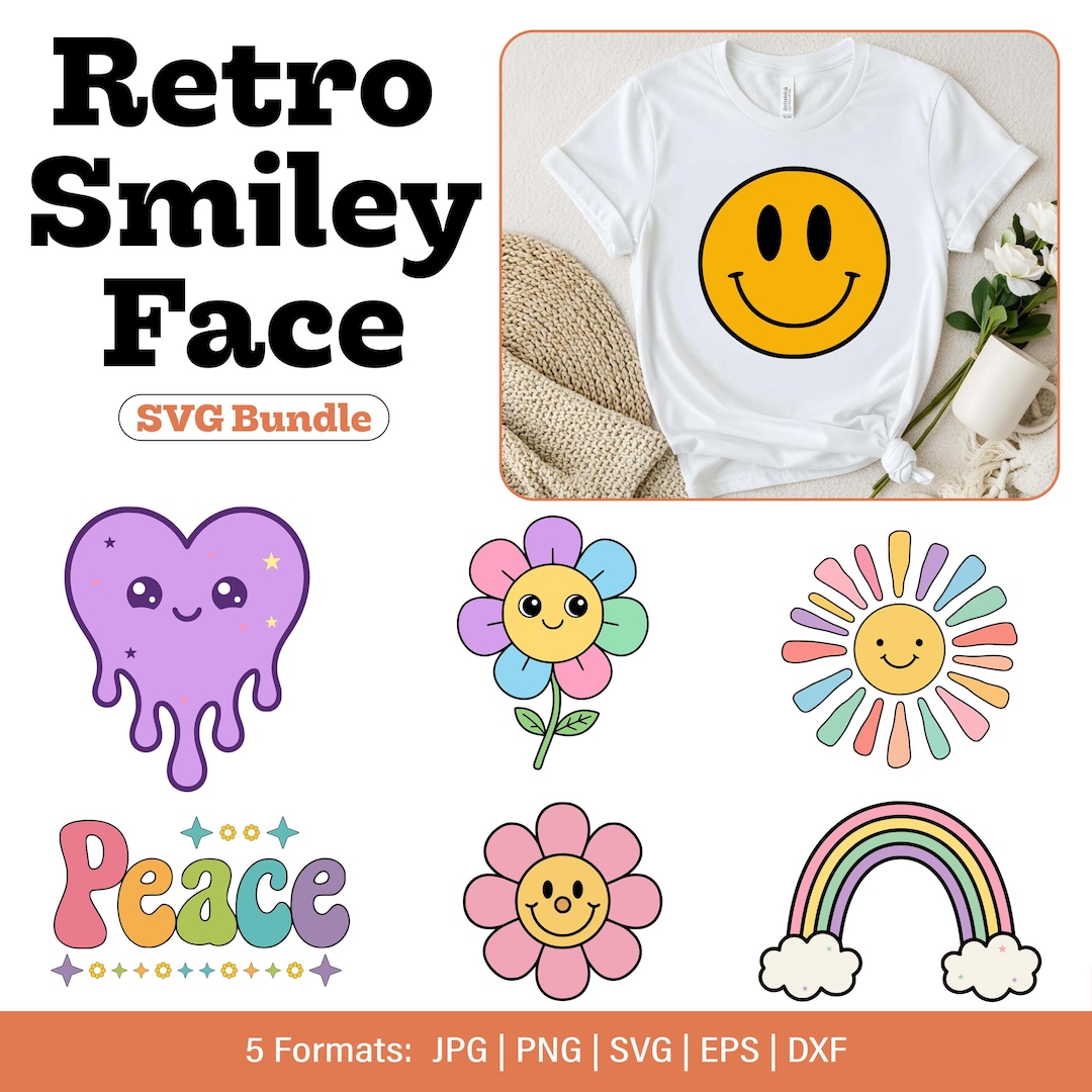 Retro Smiley Face SVG Bundle | Groovy Boho Hippie Designs (digital ...