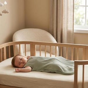 May include: A sleeping baby in a light green sleep sack rests in a wooden crib. The crib is in a neutral-toned nursery with a wooden bookshelf, a teddy bear, and a cloud mobile. A wicker basket with a blanket sits nearby.