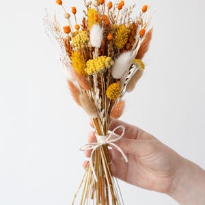 Op de afbeelding: Een klein boeket van gedroogde bloemen in geel, oranje en wit, samengebonden met touw. Het arrangement bevat verschillende texturen en vormen, vastgehouden in een hand tegen een effen witte achtergrond. Een natuurlijke, rustieke stijl.