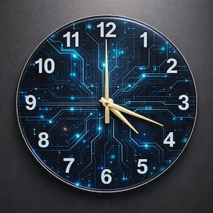 Op de afbeelding: Ronde wandklok met een donkerblauw printplaatontwerp. De klok heeft witte cijfers en goudkleurige wijzers. Het ontwerp bevat gloeiende blauwe lijnen en stippen, wat een moderne, technisch geïnspireerde esthetiek creëert.