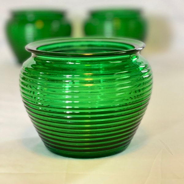 Green Glass Ribbed Fishbowl Planters/Vases/Jardinières