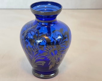 Cobalt Venetian Art Glass/Murano Vase with Silver Overlay