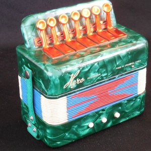 Vintage Hero Accordion for Children Green 1960s Toy, Made in