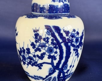 Blue and White 5" Ginger Jar with Cherry Blossom Flower Decor