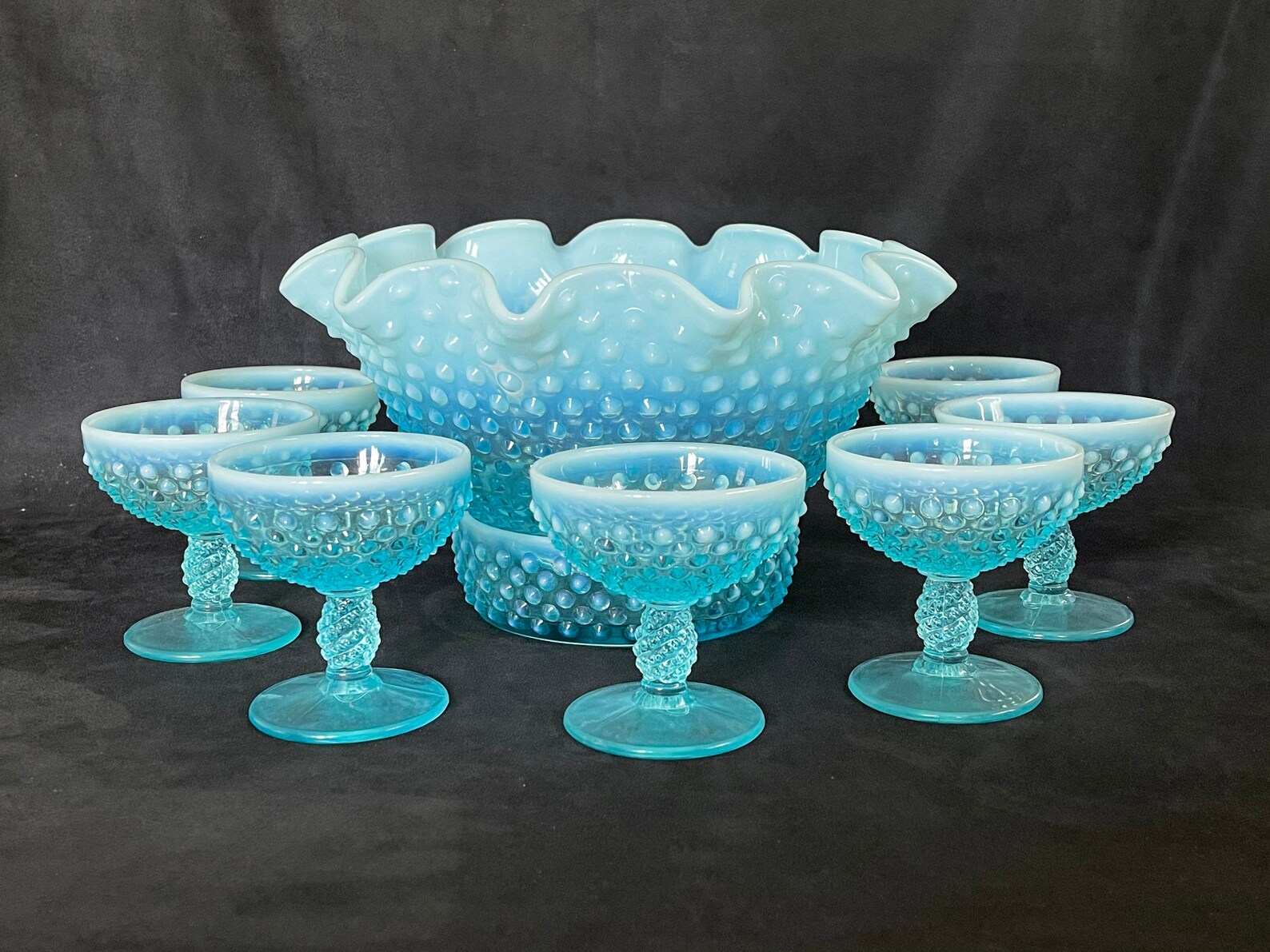 Fenton Blue Opalescent Hobnail Champagne Punch Bowl Set Etsy