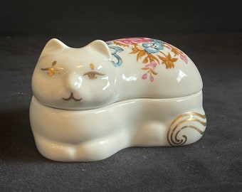 Elizabeth Arden Cat Shaped Porcelain Trinket Box with Flowers and Gold Accents