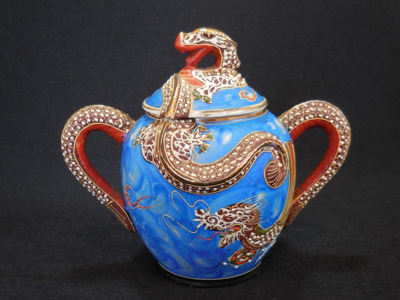 Chinese Dragon Decor Two Handled Jar With Lid Hand Painted Etsy