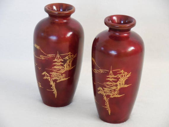 Asian Red Lacquer Vases With Gold Accents Pair Etsy