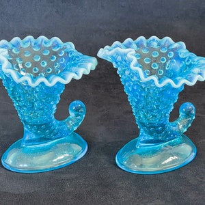 Fenton Blue Opalescent Hobnail Cornucopia Candleholders, Pair