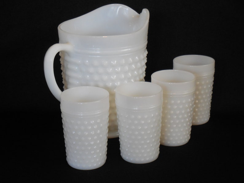 Anchor Hocking Milk Glass Hobnail Pitcher with Tumblers Etsy