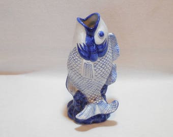 Chinese Blue and White Porcelain Koi Fish Vase with Hand Painted Blue Details