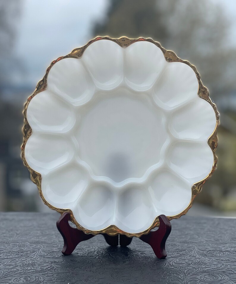 Anchor Hocking Milk Glass With Gold Trim Deviled Egg Platter Etsy