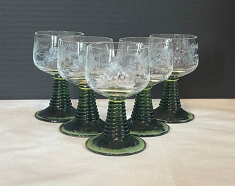 Set of 5 Roemer Wine Glasses with Green Beehive Stem