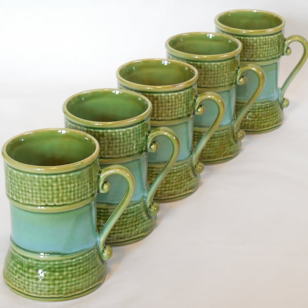 Decorama Inc., Dallas Texas, Green and Turquoise Ceramic Mugs, Made in Japan