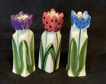 Trio of Hand Painted Ceramic Tulip Vases, N DeYoung