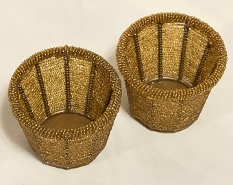 2 Gold Seed Beaded Votive Candle Holders, Pair