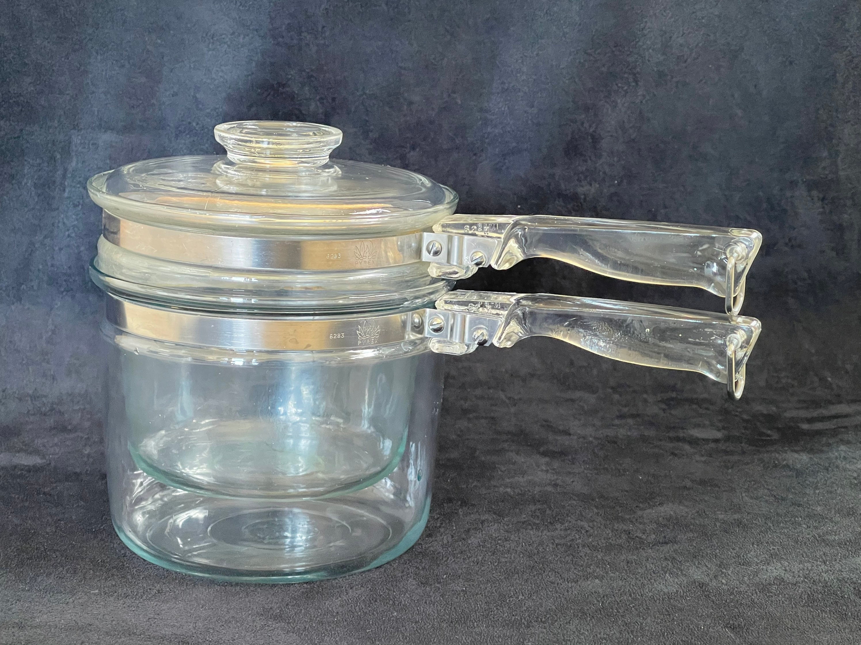 Vintage Pyrex Flameware Double Boiler Bain Marie With Glass Handles Flame  Logo 6283 Made in USA 