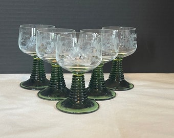Set of 5 Roemer Wine Glasses with Green Beehive Stem