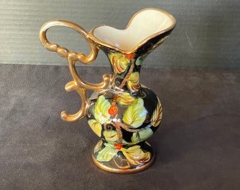 H. Bequet Quaregnon Hand Painted Black Pitcher Vase with Green Leaves, Gold Trim, Belgium
