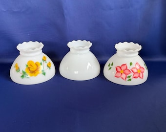 Milk Glass Hurricane Parlor Lamp Shades, Pink floral, Yellow Floral or Plain White