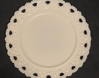 Four Kemple Lacy Hearts Milk Glass Plates, Beaded, Scalloped Rims