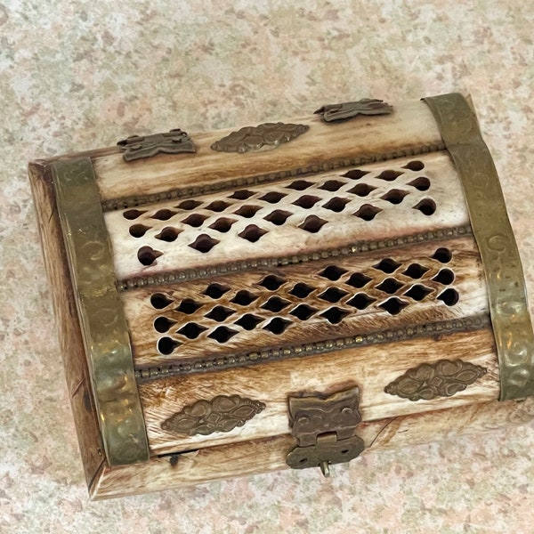 Carved Bone/Horn Trinkets and Treasures Box with Brass Hinges and  Accents