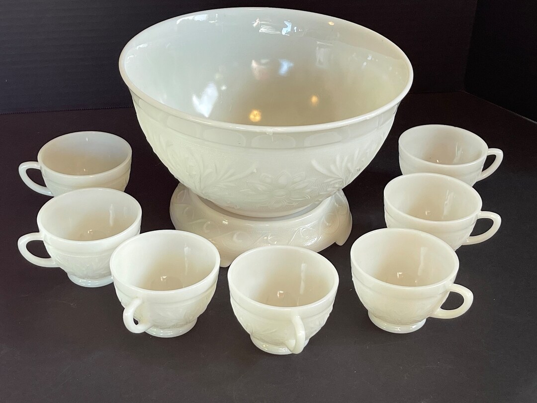 Anchor Hocking Ivory Sandwich Glass Punch Bowl Set Etsy