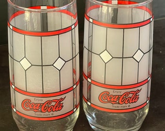 Vintage Coca Cola Tumblers with Red Band, Frosted Window Panels, Pair