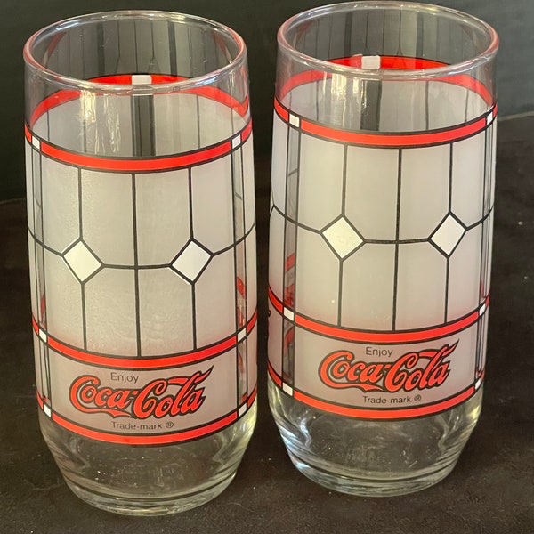 Vintage Coca Cola Tumblers with Red Band, Frosted Window Panels, Pair