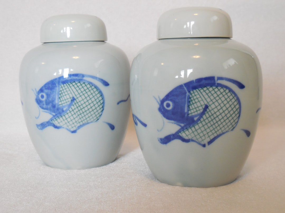 Koi Decorated Ginger Jars With Lids Covered Urns Asian Etsy