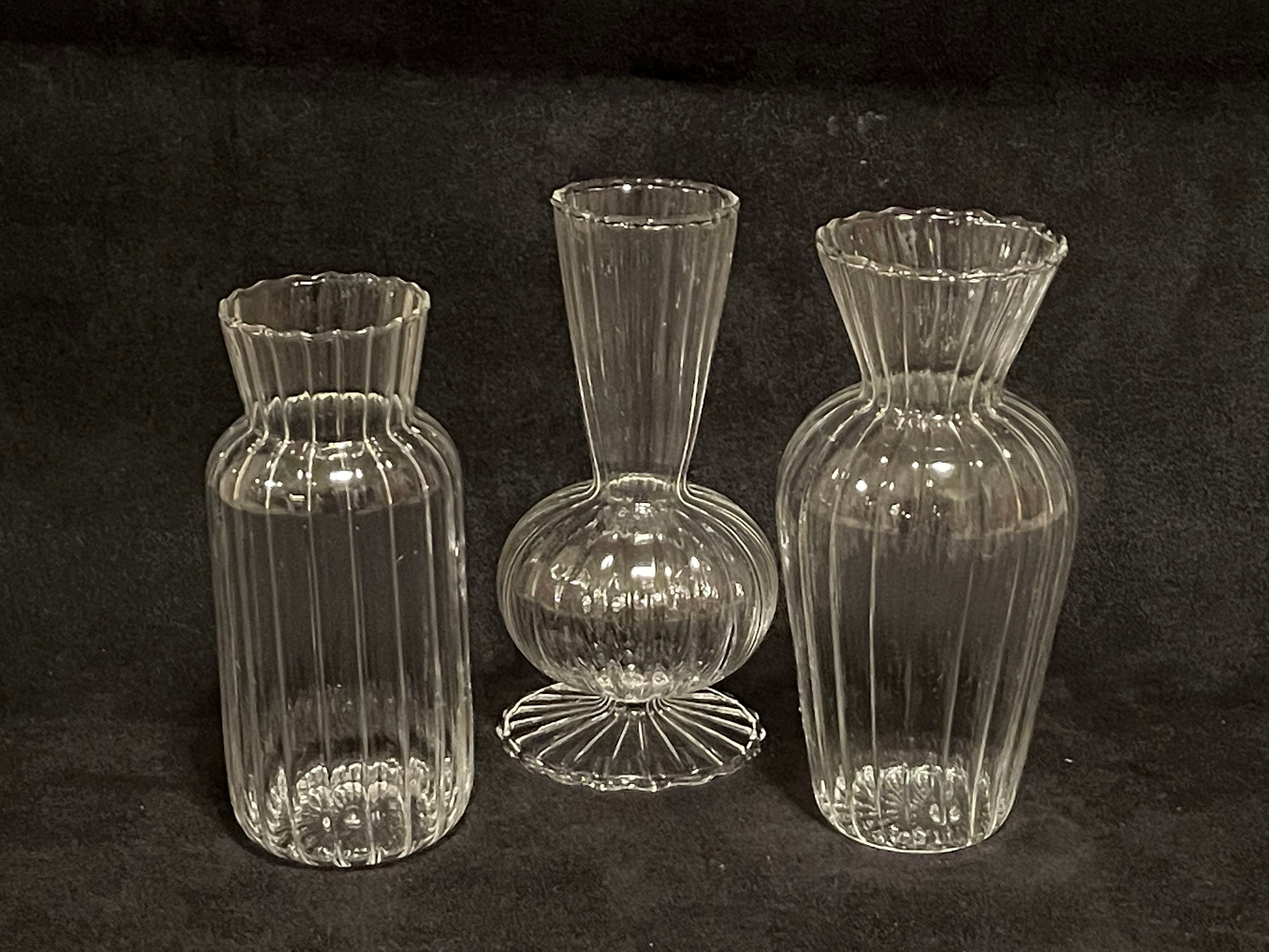 Blown Glass, Ultra Thin Ribbed Bud Vases, Set of Three