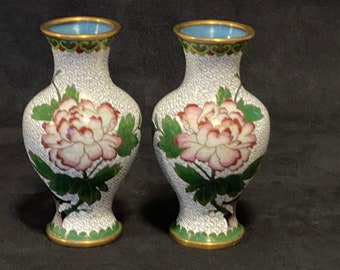 Chinese Cloisonné Mirror Image Bud Vases, Enamel over Brass