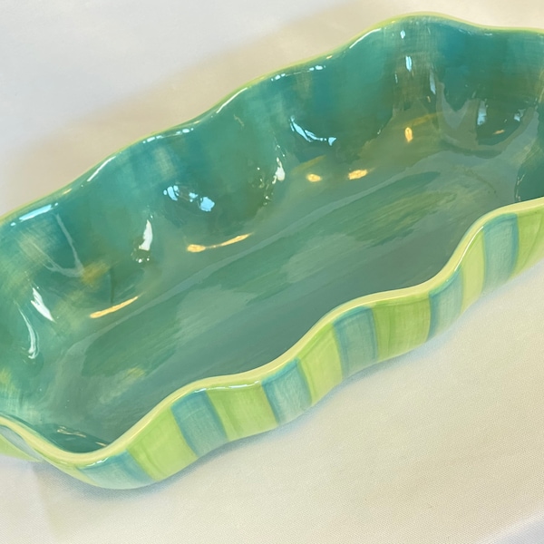 Gail Pittman Provence 11" Ruffled Bowl, Turquoise and Light Green Stripes