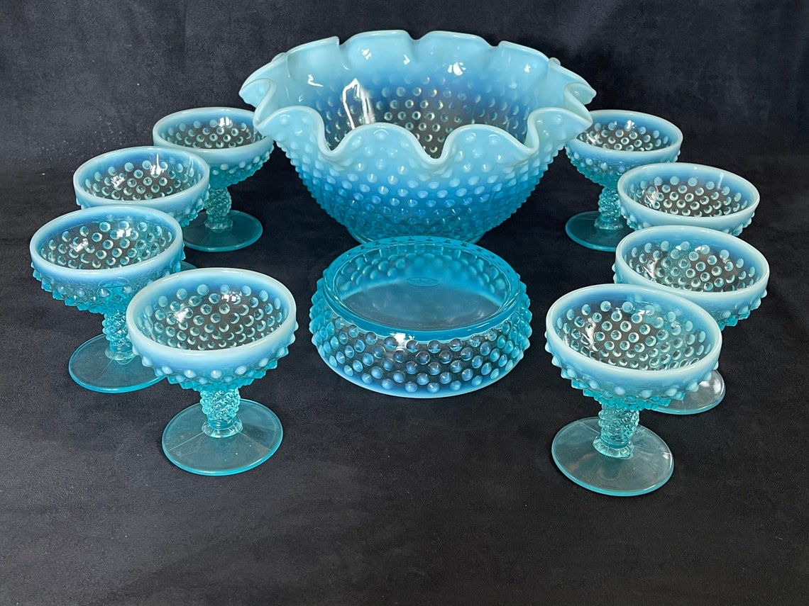 Fenton Blue Opalescent Hobnail Champagne Punch Bowl Set Etsy