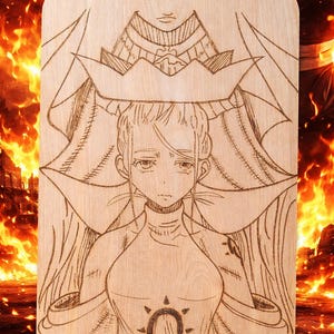 May include: Wooden plaque featuring a detailed engraved illustration of an anime character from "Fire Force." The artwork depicts a female figure with a crown and elaborate clothing. The words "FIRE FORCE" are visible.