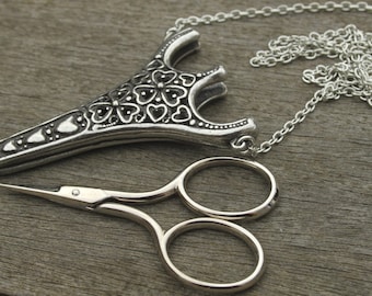 Filligree Hearts Chatelaine Antique Pewter & Etui Scissors - lacemaking and embroidery
