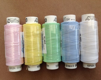 Five spools of Czech cotton lacemaking thread - pastel shades with white