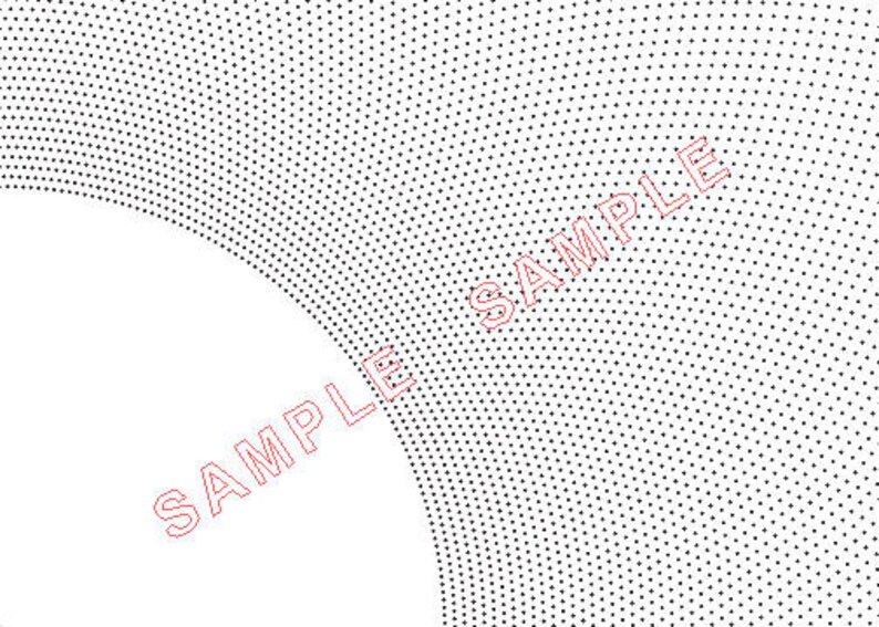 Op de afbeelding: Abstract ontwerp met een witte halve cirkel en een patroon van kleine zwarte stippen. Het woord "SAMPLE" is in het rood over de afbeelding gedrukt. De stippen cre&euml;ren een gradi&euml;nteffect, dichter aan de randen.