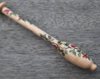 Painted Binche Lace Bobbin - spiral berries and leaves