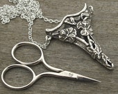 Jasmine Chatelaine with an Antique Pewter Finish Etui Scissors - lacemaking and embroidery