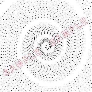 May include: A black and white image of a spiral pattern made up of small dots. The pattern is centered in the image and radiates outward.