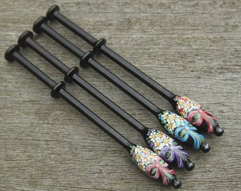 Set of Four Painted Binche Lace Bobbins - bouquet of daisies and flowers
