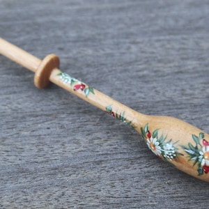 Painted Bruge Lace Bobbin - spiral of fir branches, flowers, berries and leaves