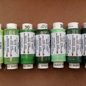 Seven spools of Czech cotton lacemaking thread shades of green image 2