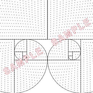 May include: A black and white illustration of the golden ratio, also known as the Fibonacci spiral, using a grid of dots.